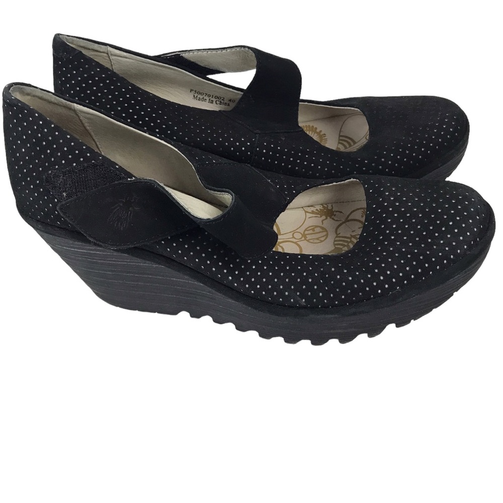 Fly London P500701002 Yeon Women's Black Leather Mary Jane Wedge Size EU 40